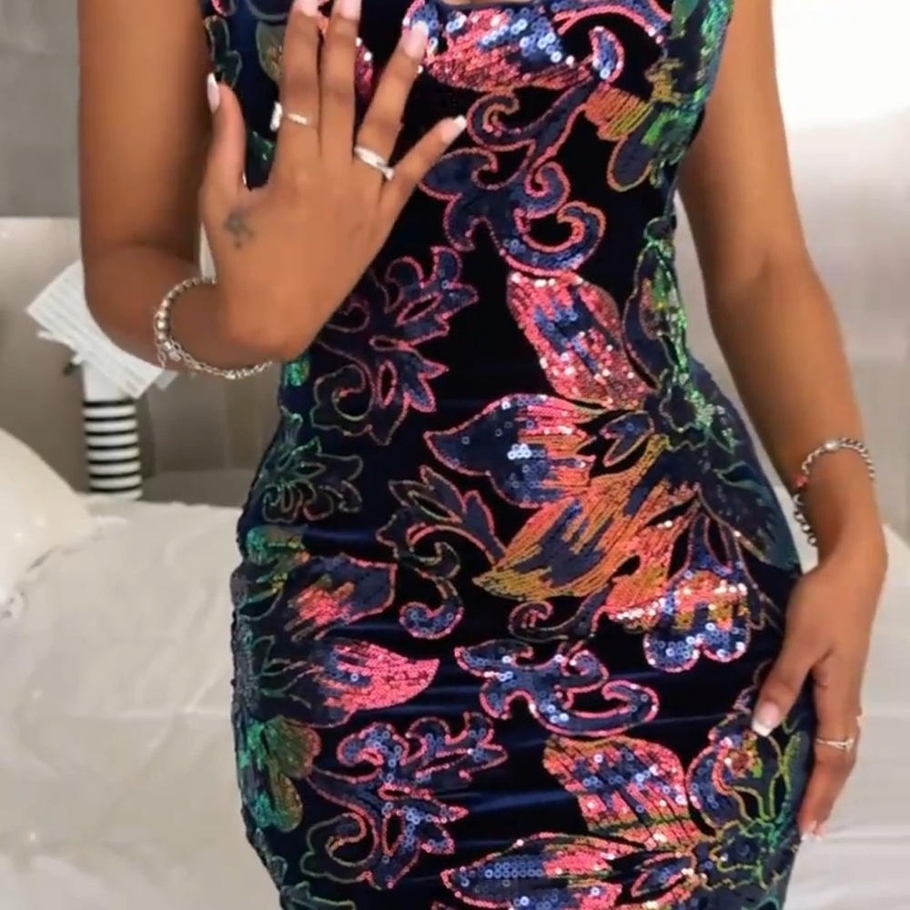 Rainbow Iridescent Sequin Floral Midi Dress W/Deep V Neck & High Thigh Split (S) - Picture 7 of 10